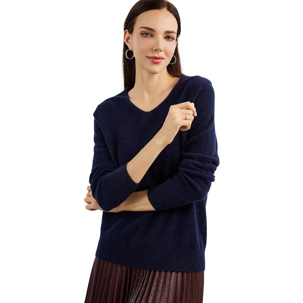 Women's Cashmere Sweater V-Neck Long Sleeve Knit Pullover Medium